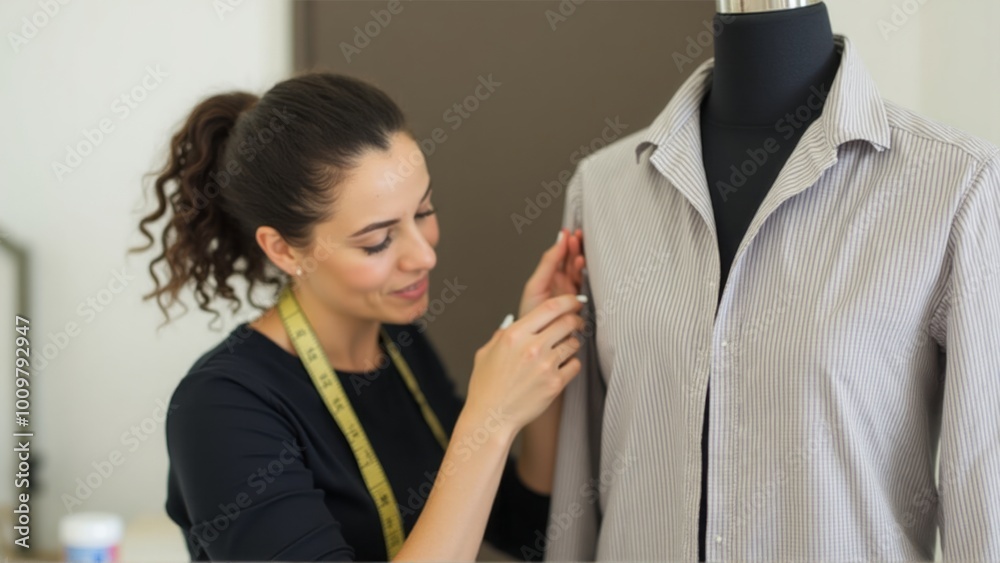 A female fashion designer adjusts a shirt on a mannequin in her studio, working on a new clothing design. The image focuses on creativity, fashion, and the design process. A female fashion designer adjusts a shirt on a mannequin in her studio, working on a new clothing design. The image focuses on creativity, fashion, and the design process.