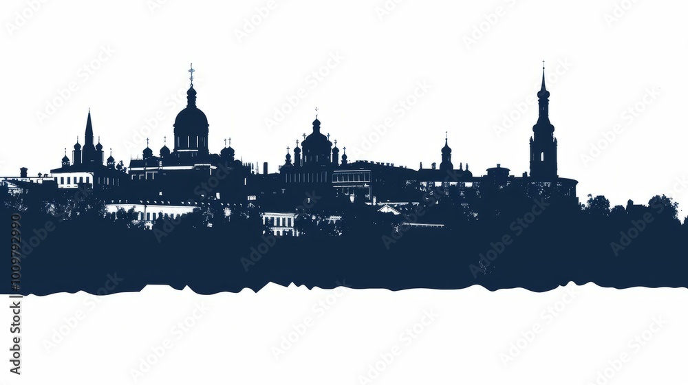 Naklejka premium Silhouette of Nizhny Novgorod skyline with historic architecture and landmarks against white background