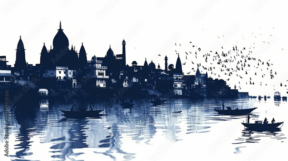 Fototapeta premium Silhouette of Varanasi skyline with boats and flying birds over the Ganges River