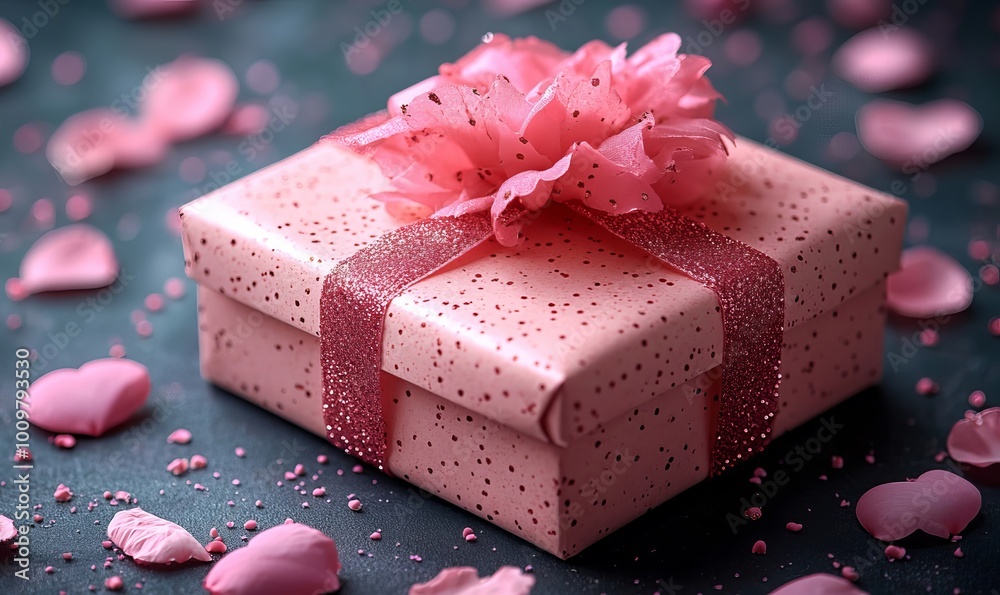 Gift box with pink ribbon bow on rose petals background. Present for Valentine's Day, Happy Women's Day, Mother's Day, birthday, wedding. Romantic concept for greeting card, banner. Gift box with pink ribbon bow on rose petals background. Present for Valentine's Day, Happy Women's Day, Mother's Day, birthday, wedding. Romantic concept for greeting card, banner.