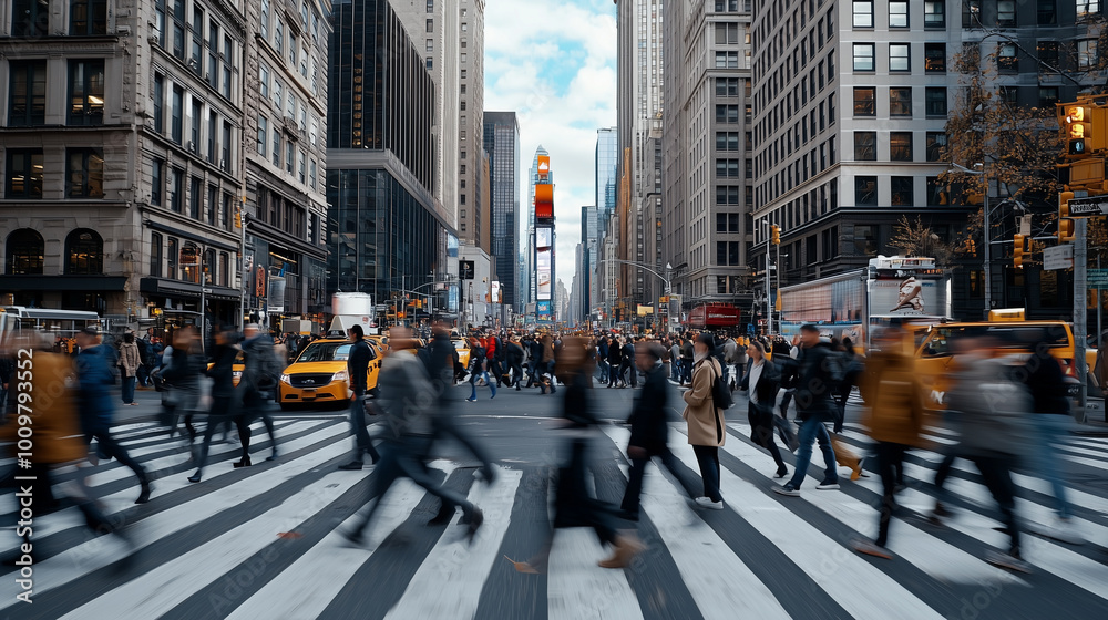 Obraz premium Blurred Pedestrians in a Crowded Urban Crosswalk at Rush Hour