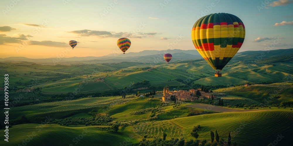 Fototapeta premium a couple of hot air balloons flying over a green field
