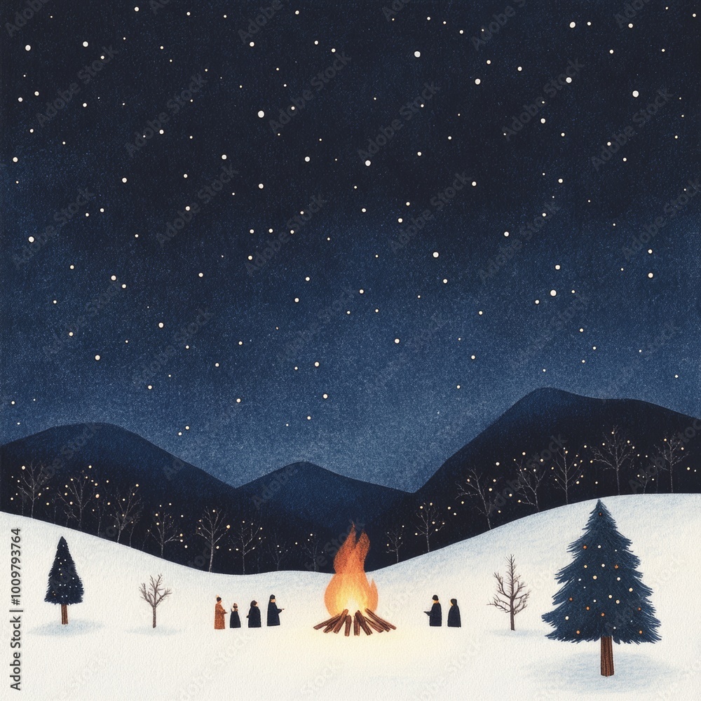 Obraz premium A cozy winter scene of people gathered around a bonfire in a snowy park with twinkling fairy lights in the trees and a starry sky above Perfect for seasonal greeting cards event posters and festive ne