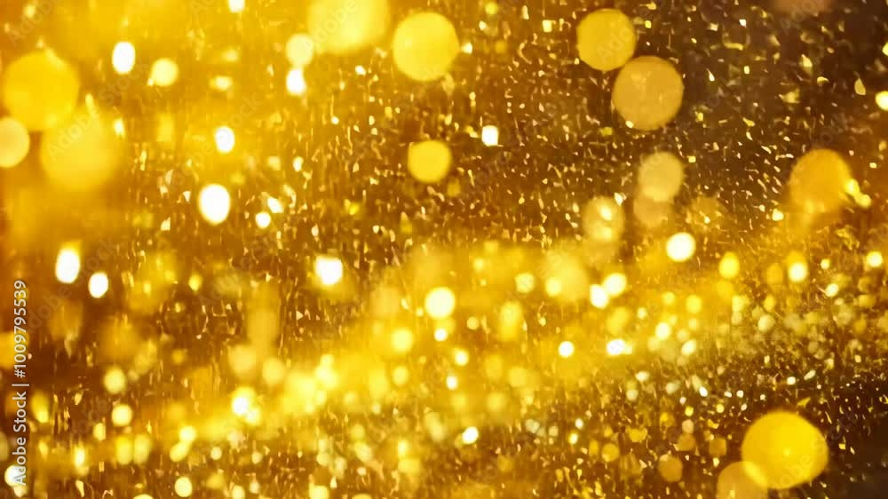 Glimmering gold light particles fill the frame, creating a magical, festive mood. The scene suggests celebration, luxury, and elegance with a warm glow. Bright and illuminated, it evokes themes of