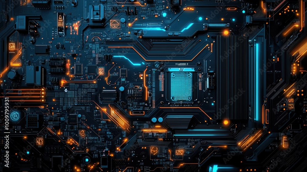 Fototapeta premium A close-up of a computer motherboard with glowing blue and orange circuits