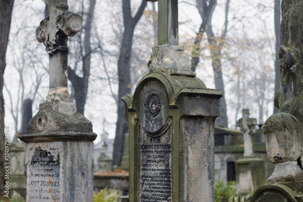 Obraz premium Old blank cemetery tombstones on a fall day.