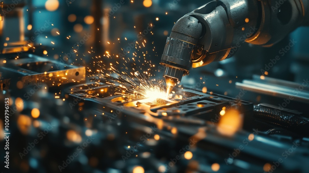 Fototapeta premium The robotic welder skillfully fuses metal components together, emitting bright sparks as it operates within a bustling manufacturing environment during evening hours