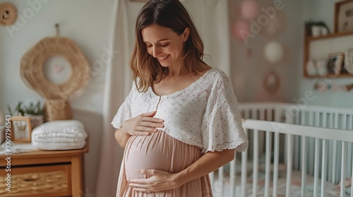 Pregnant woman in a light floral blouse, smiling while gently holding her baby bump, standing in a soft-lit nursery room with a crib in the background photo