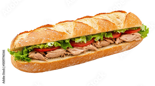 Tasty baguette with tuna and lettuce leaves isolated on transparent background.