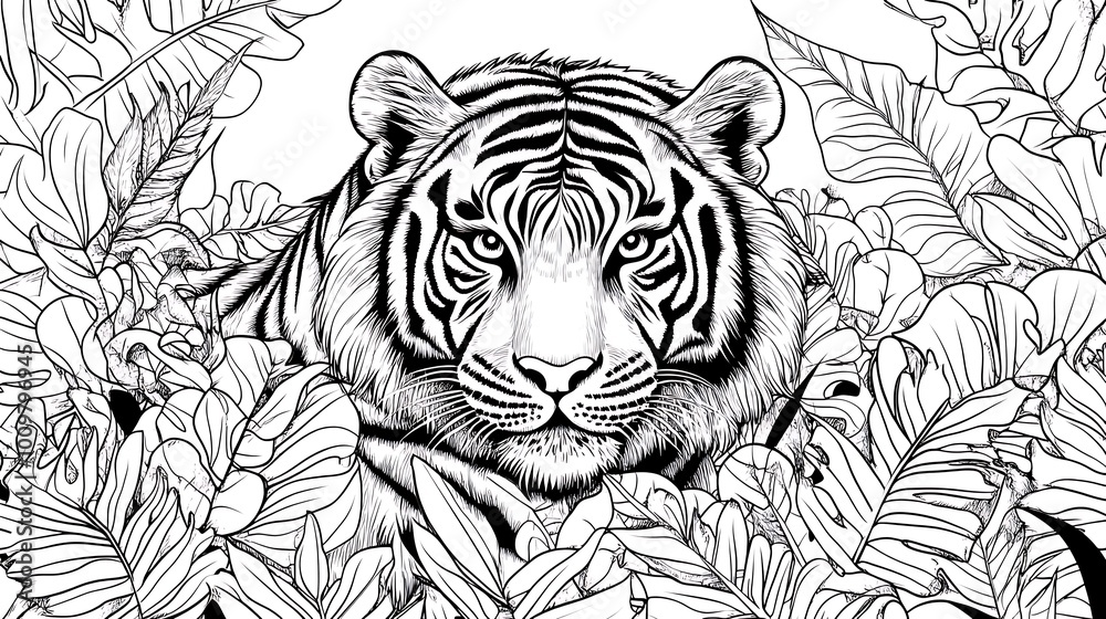 Fototapeta premium Tiger animal jungle scene coloring page for kids picture