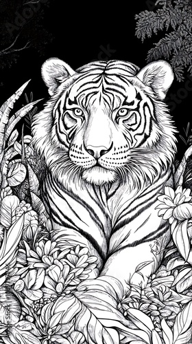 Monochrome jungle tiger animal coloring page for kids picture