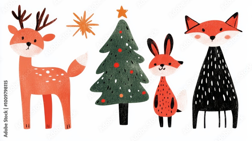 Fototapeta premium Handdrawn illustration of woodland animals including a deer rabbit and fox gathering around a Christmas tree in a snowy forest Perfect for holiday cards and winterthemed prints with a whimsical and jo