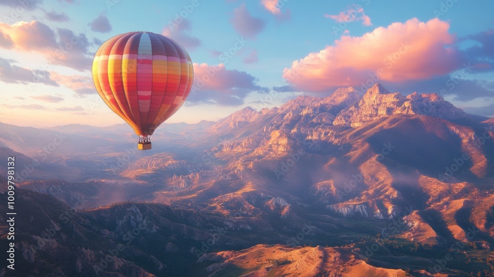 Obraz premium Hot Air Balloon Soaring Over Majestic Mountains at Sunset