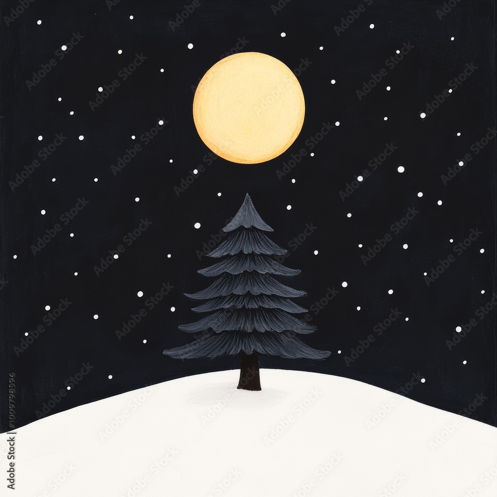 Naklejka premium Illustration of a snowcovered forest with a glowing Christmas tree in the center surrounded by twinkling stars and a full moon Perfect for holiday cards and festive winter greetings with a magical and