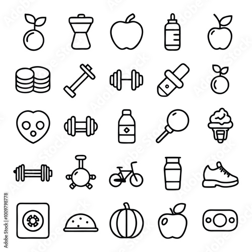 line art vector icon set. Editable stroke.- Healthy Lifestyle, Exercising, Sport, Healthy Eating, Gym, Wellbeing, Dieting, Healthcare And Medicine, Weight Scale, Lifestyles, Running, Yoga