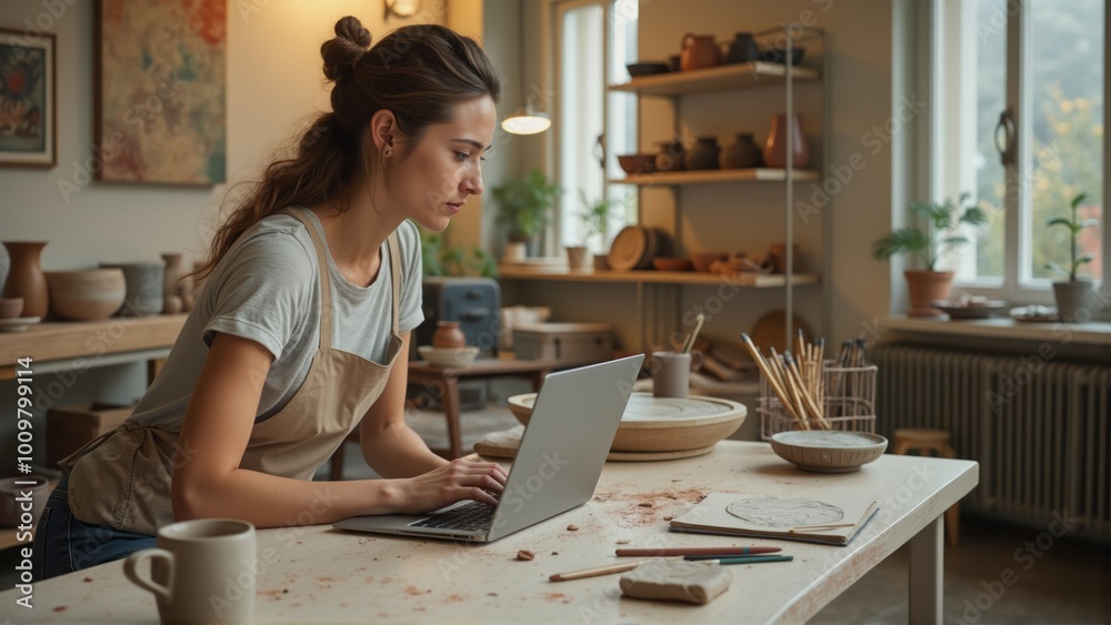 A woman focuses on her laptop while sitting in a pottery studio surrounded by her crafts and tools. The scene highlights creativity, multitasking, and modern business in an artisan setting. A woman focuses on her laptop while sitting in a pottery studio surrounded by her crafts and tools. The scene highlights creativity, multitasking, and modern business in an artisan setting.