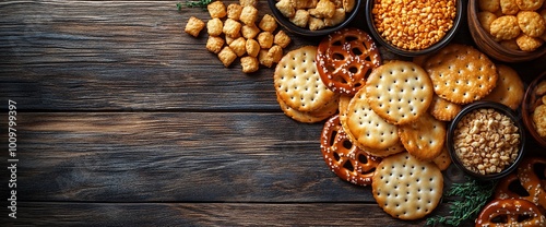 A variety of snacks including crackers, pretzels, and nuts arranged on a wooden surface.