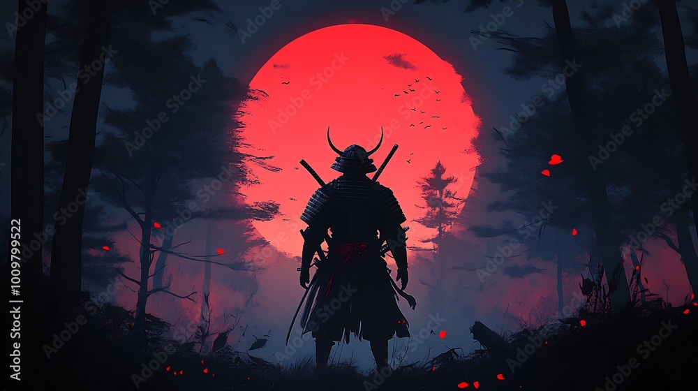 A silhouette of a samurai against a large red moon in a dark forest. A silhouette of a samurai against a large red moon in a dark forest.