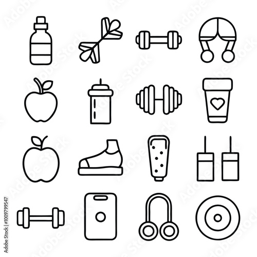 line art vector icon set. Editable stroke.- Healthy Lifestyle, Exercising, Sport, Healthy Eating, Gym, Wellbeing, Dieting, Healthcare And Medicine, Weight Scale, Lifestyles, Running, Yoga