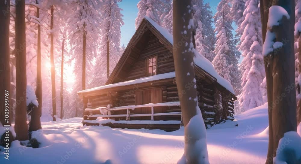 Old scandinavian style wooden cabin in the snow forest christmas theme 4k animation