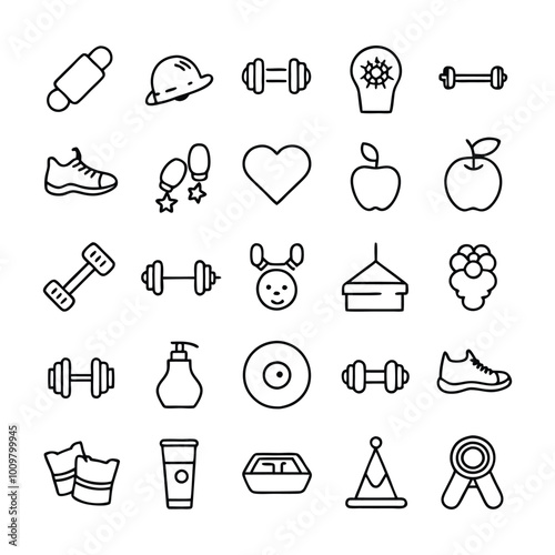 line art vector icon set. Editable stroke.- Healthy Lifestyle, Exercising, Sport, Healthy Eating, Gym, Wellbeing, Dieting, Healthcare And Medicine, Weight Scale, Lifestyles, Running, Yoga