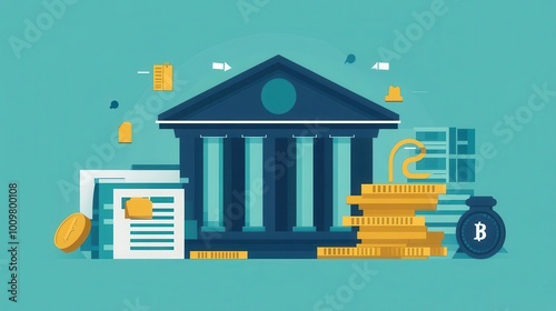 Illustration of a bank building with currency, documents, and coins, representing finance and banking concepts in a modern style.