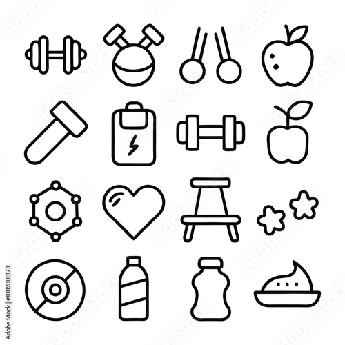 line art vector icon set. Editable stroke.- Healthy Lifestyle, Exercising, Sport, Healthy Eating, Gym, Wellbeing, Dieting, Healthcare And Medicine, Weight Scale, Lifestyles, Running, Yoga