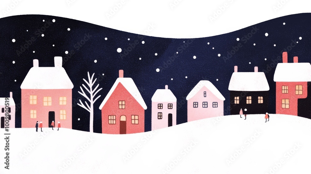 Illustration of a winter village at dusk with warmly lit houses snowcovered roofs and people iceskating on a frozen pond The sky is filled with stars creating a peaceful holiday scene Perfect for seas Illustration of a winter village at dusk with warmly lit houses snowcovered roofs and people iceskating on a frozen pond The sky is filled with stars creating a peaceful holiday scene Perfect for seas