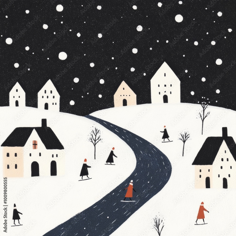 Illustration of a winter village at dusk with warmly lit houses snowcovered roofs and people iceskating on a frozen pond The sky is filled with stars creating a peaceful holiday scene Perfect for seas Illustration of a winter village at dusk with warmly lit houses snowcovered roofs and people iceskating on a frozen pond The sky is filled with stars creating a peaceful holiday scene Perfect for seas
