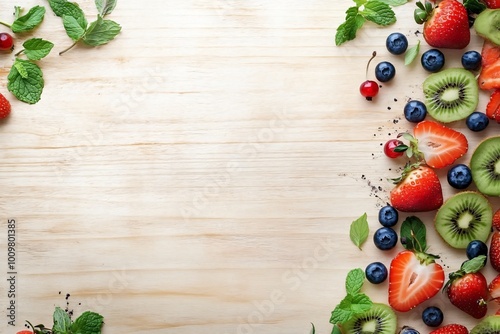 Fresh fruits and mint leaves on a wooden surface with copy space.