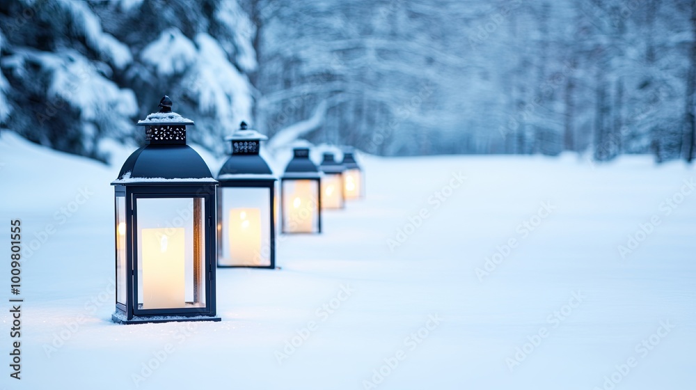 A serene winter scene featuring illuminated lanterns lining a snowy path, surrounded by frosted trees. A serene winter scene featuring illuminated lanterns lining a snowy path, surrounded by frosted trees.