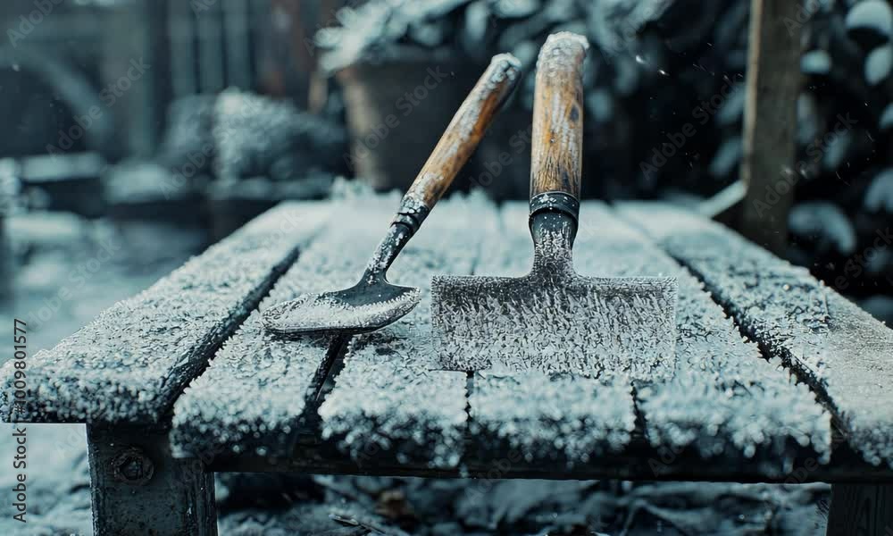 Frost-covered garden tools left outside, with the cold metal and wood surfaces coated in ice crystals. . Video Frost-covered garden tools left outside, with the cold metal and wood surfaces coated in ice crystals. . Video