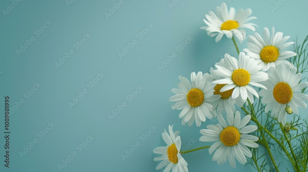 Daisies on blue background evoke freshness and simplicity in nature-inspired commercial designs. Daisies on blue background evoke freshness and simplicity in nature-inspired commercial designs.