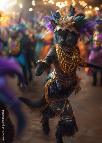 A cute cat in an elaborate Mardi Gras costume, with purple and green feathers, dancing with other cats at the parade, fantasy, whimsical, free space for text photo