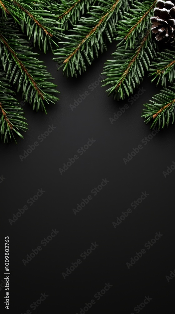 Fresh green fir branches arranged symmetrically on a black background, creating a minimalistic and natural Christmas frame. Fresh green fir branches arranged symmetrically on a black background, creating a minimalistic and natural Christmas frame.