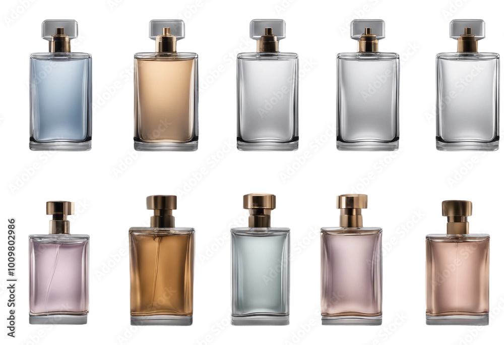 Collection of perfume bottle blank mockup set in various colors isolated on transparent background Collection of perfume bottle blank mockup set in various colors isolated on transparent background