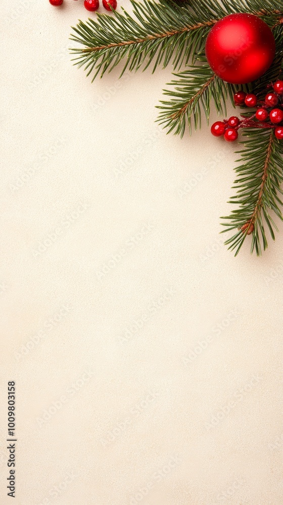 Red Christmas ornament, pine branches, and berries on a light beige background. Festive and elegant winter decoration perfect for a holiday card or seasonal banner. Red Christmas ornament, pine branches, and berries on a light beige background. Festive and elegant winter decoration perfect for a holiday card or seasonal banner.
