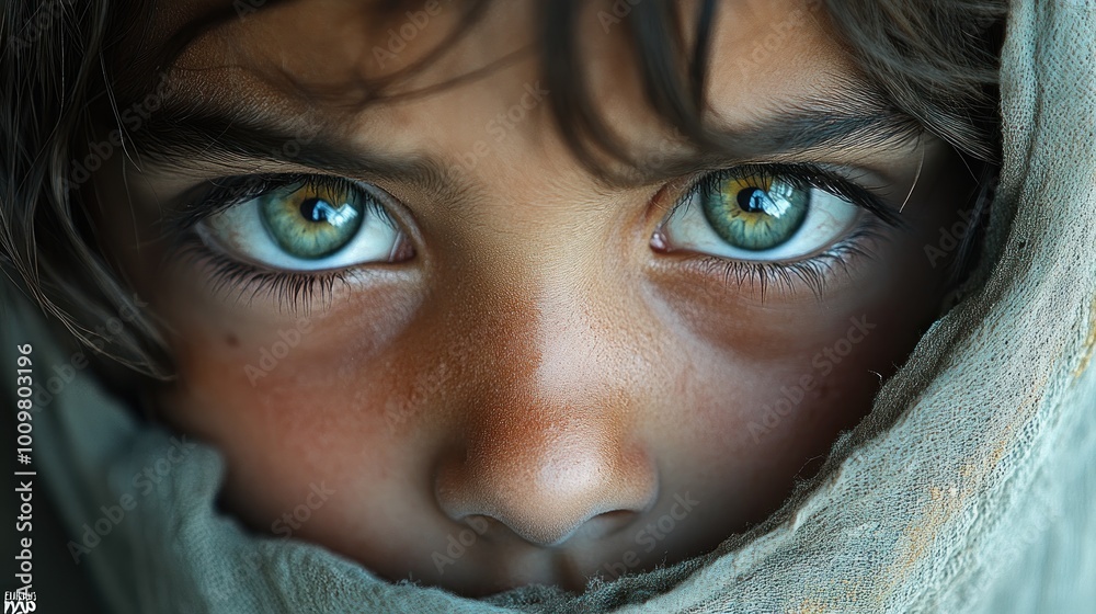 Close-up portrait of a child with striking green eyes and a hood. Close-up portrait of a child with striking green eyes and a hood.