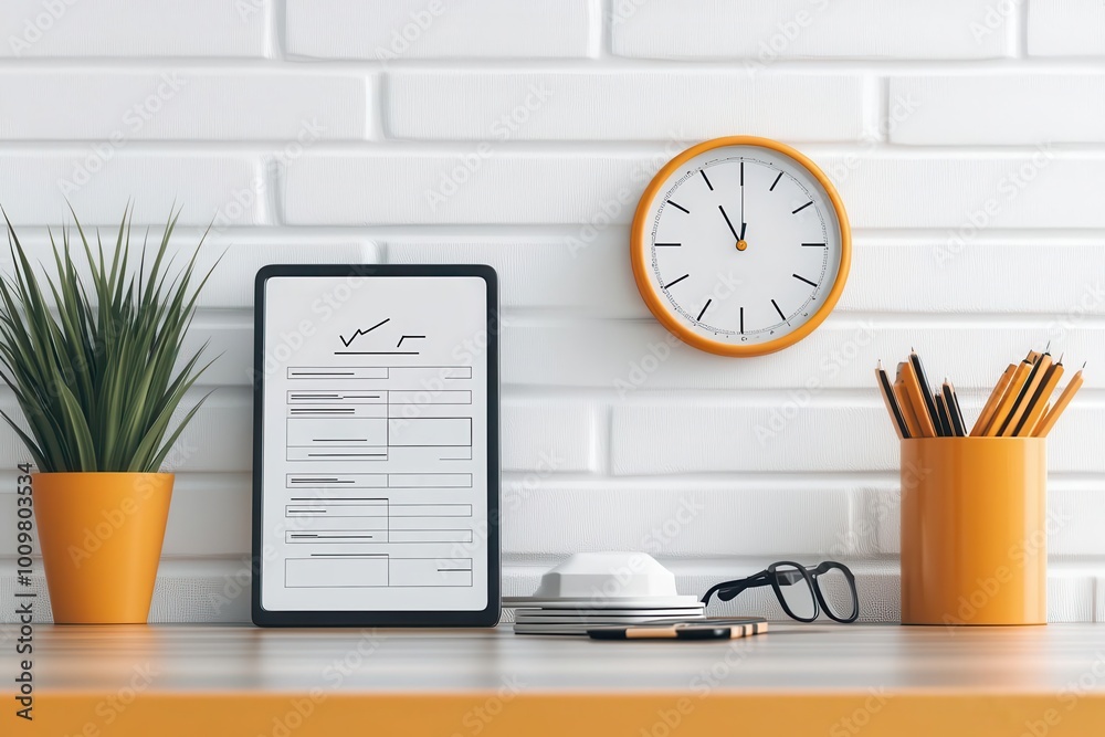 Minimalist workspace showcasing a tablet, clock, and stationery, ideal for productivity and organization themes. Minimalist workspace showcasing a tablet, clock, and stationery, ideal for productivity and organization themes.
