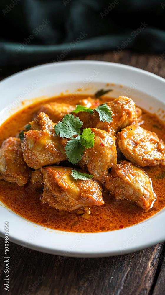 Delicious chicken curry dish with fresh coriander on a white plate, served on a wooden table. Enjoy the spicy indian meal at home or in a restaurant Delicious chicken curry dish with fresh coriander on a white plate, served on a wooden table. Enjoy the spicy indian meal at home or in a restaurant