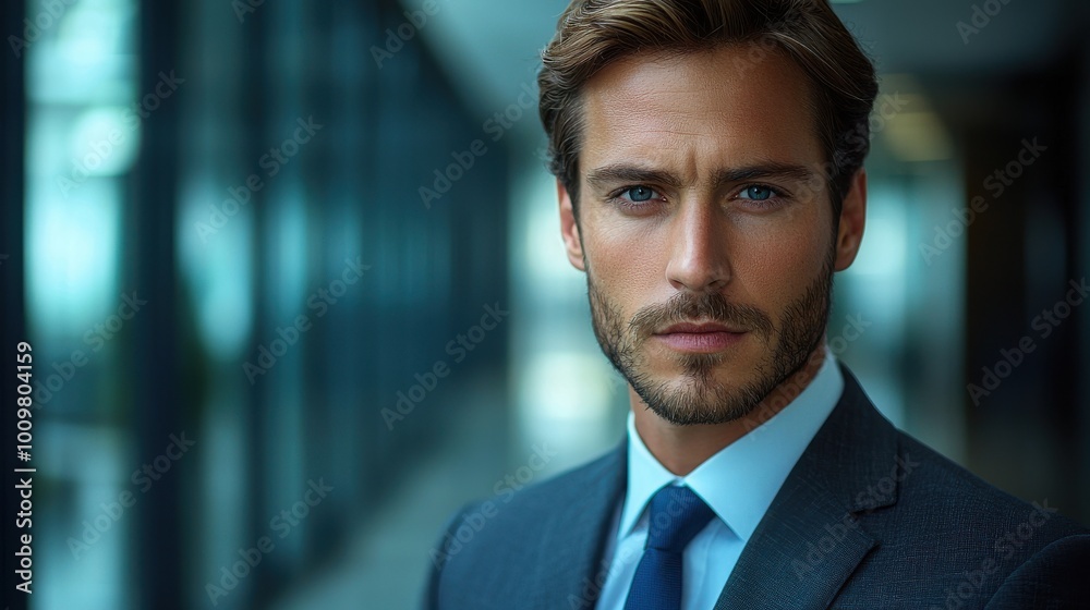 Young man in a suit poses confidently in a modern office building with large windows during daylight hours Young man in a suit poses confidently in a modern office building with large windows during daylight hours