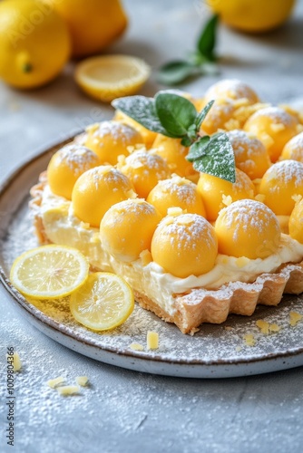 Delicious lemon tart topped with zest and fresh lemon balls on a rustic table setting
