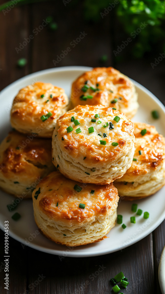 Freshly baked buttermilk biscuits garnished with chives are served on a white plate, offering a delightful treat Freshly baked buttermilk biscuits garnished with chives are served on a white plate, offering a delightful treat