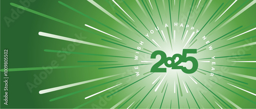 We wish you a Happy New Year 2025. Green white type typography green background. high warp speed space with speedometer shape needle moving to the year number 2025. 2025 start greeting card