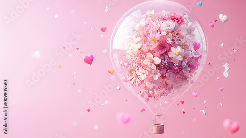   A hot air balloon adorned with pink and white flowers against a pink backdrop, surrounded by confetti hearts