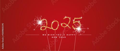 We wish you Happy New Year 2025 eve handwritten tipography golden glitter stars sparkler fireworks red background greeting card