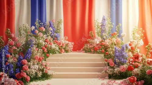 empty stage with colourful flowers. blossom display