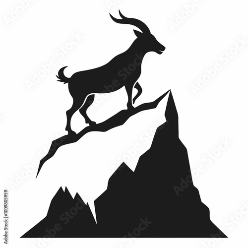 A mountain goat climbing a cliff silhouette vector illustration on white background