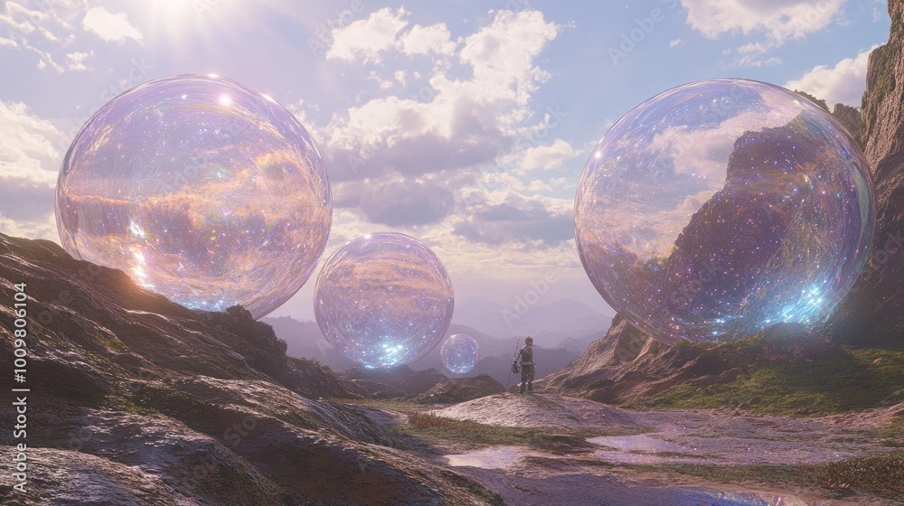 A lone figure stands on a rocky mountainside, gazing at a cluster of iridescent bubbles in a fantastical landscape. A lone figure stands on a rocky mountainside, gazing at a cluster of iridescent bubbles in a fantastical landscape.