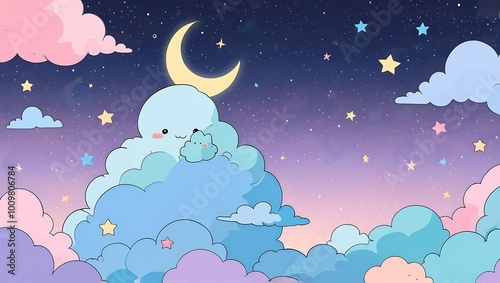 Cute Cartoon Clouds and Stars Night Sky